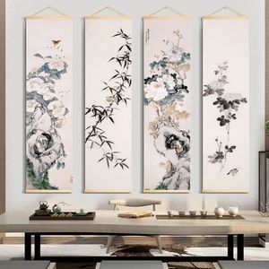 Chinese stijl bamboe scroll muur schilderij vintage woonkamer decoratieve poster huiskantoor stickers muur kunst foto tapijt 240325