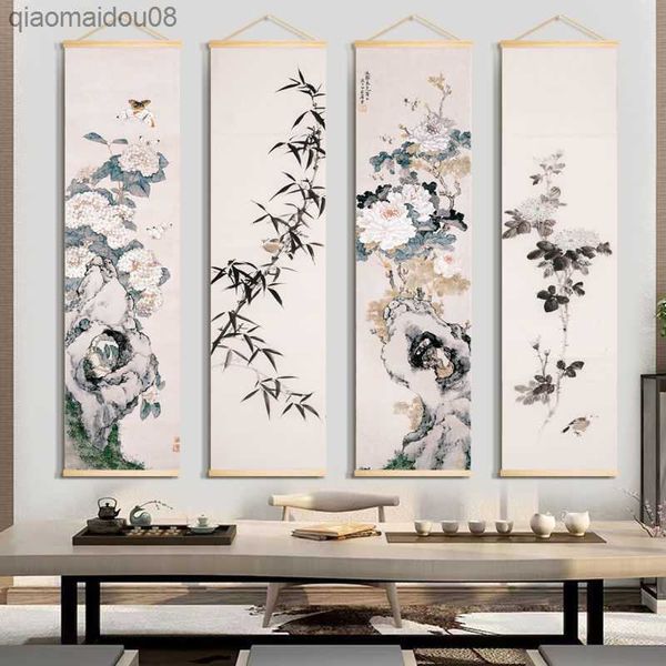 Style chinois Bambou Défilement Mur Peinture Vintage Salon Décoratif Affiche Home Office Stickers Mur Art Photo Tapisserie L230704