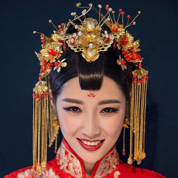 Couvre-chef de mariée de Style chinois, Costume ancien, couronne de phénix, ornements rouges, couvre-chef de mariage, robe complète, décoration de cheveux Cheongsam, 2426
