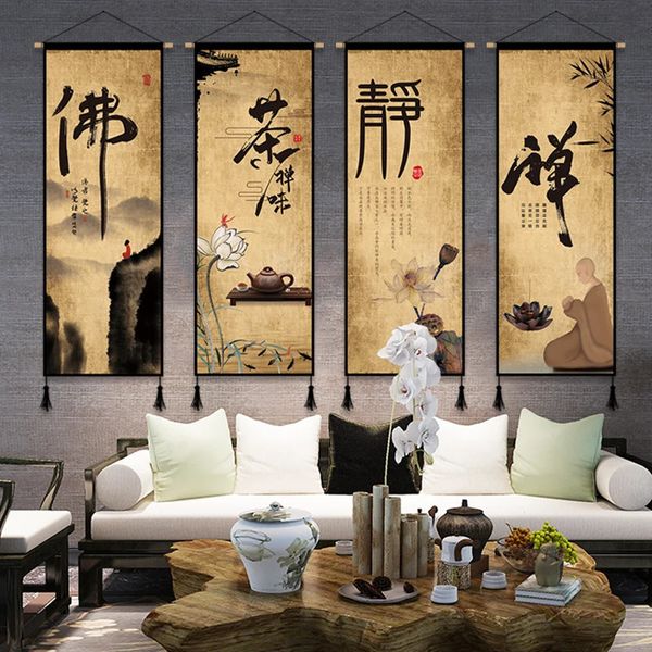 Style chinois bouddhiste zen mur art affiche encre peinture paysage toile peinture salon room murs de rodage en bois suspendu 240325