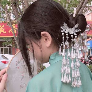 Chinese Stijl Vlinder Patroon Vrouwen Haarspeld Retro Ming Vlinder Lange Kwast Haar Stok Parel Kwastje Hoofdtooi Haar Vork L230704