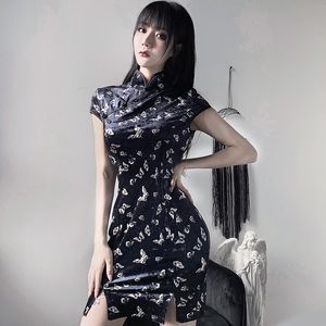 Chinese stijl vlinder print cheongsam bodycon jurk 2020 zomer vrouwen zwarte stand kraag kant split sexy mini jurken C0304