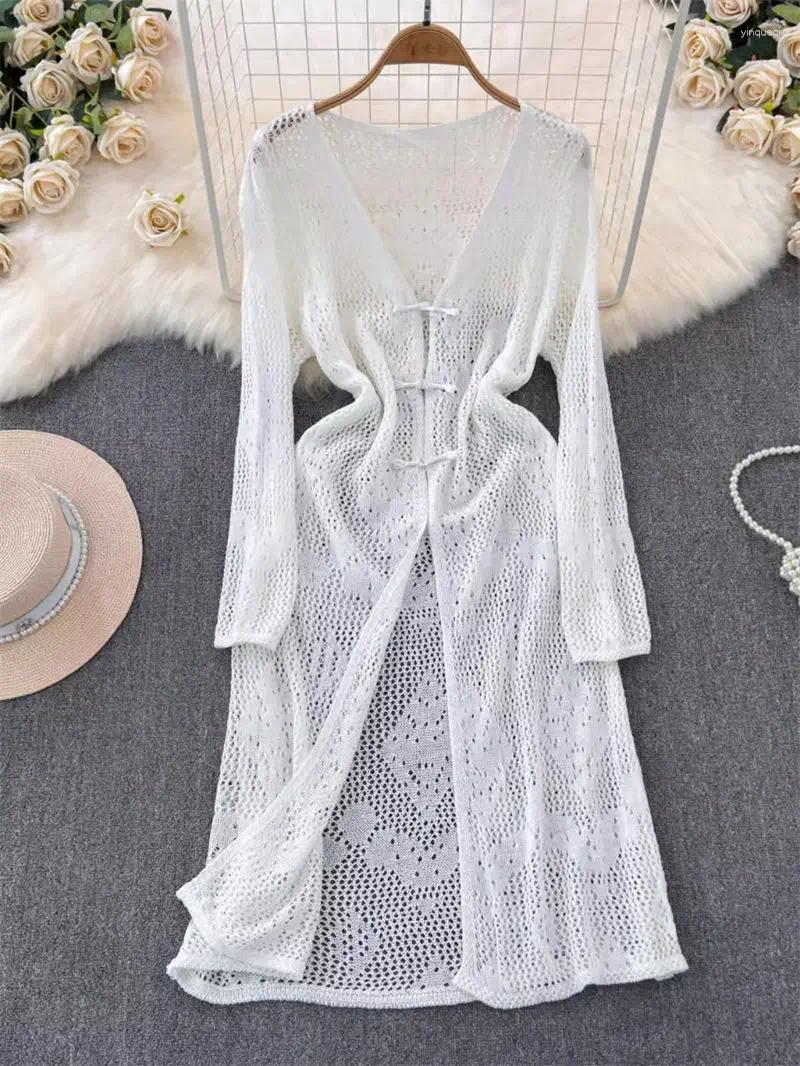 Chinese Style Button Up Long Sleeved Sun Protection Dress For Women 2024 Summer Slim Fit Beach Lace Tunic K641