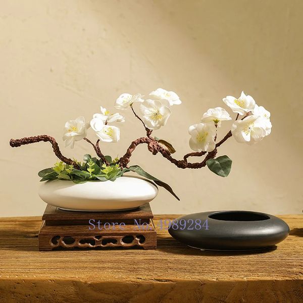 Florero de cerámica de estilo chino, maceta, adoquines blancos y negros, accesorios para arreglos florales, decoración moderna del hogar 240123