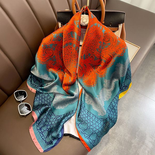 Style chinois classique bleu Orange grande fleur 110 émulation foulard en soie grand foulard extérieur châle serviette de plage femme à donner à maman