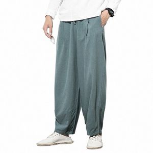 Pantalon en lin Cott de style chinois pour hommes, été, décontracté, ample, sarouel, solide, rue, jogging, taille élastique, homme L2zB #
