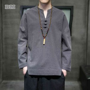Estilo chino algodón lino con cuello en v manga larga camiseta más tamaño flojo retro top hombres ropa traje tradicional traje tang hanfu t220808