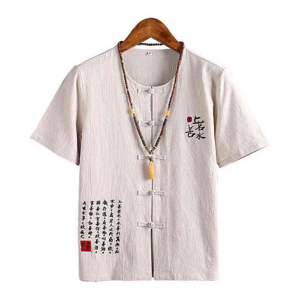 Camiseta de algodón de estilo chino para hombre, camisetas casuales Vintage de manga corta para hombre, camiseta de moda de verano con hebilla para hombre G1222