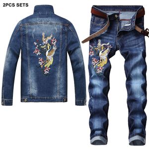 Chinese stijl kraan borduurwerk heren sets 2022 blauwe trainingspakken slim fit 2 stuk set lente herfst lange mouw denim jas + stretch jeans