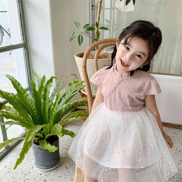 Style chinois mignon Cheongsam maille patwork robe pour bébé filles été 2 couleurs bling robes d'anniversaire 210708