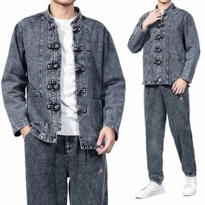 Chinese Stijl Denim Jas Mannen Streetwear Oosterse Kleding Herfst Mannelijke Jeans Jas Vintage Fi Hip Hop Losse Uitloper Jaqueta 31jg #