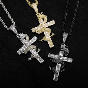 Chinese stijl Dragon Cross Pendant ketting China-chic kubieke zirconia cz stenen hiphop sieraden diamant mannelijke mode kettingen 14k echt goud uit juwelen kristal