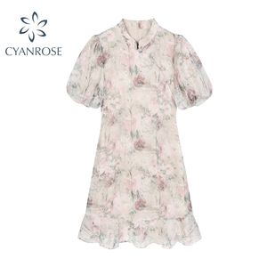 Chinese stijl elegante temperament jurk voor vrouwen zomer vintage bloemen bedrukte korte mouw ruche gedrapeerd vrouw 210515