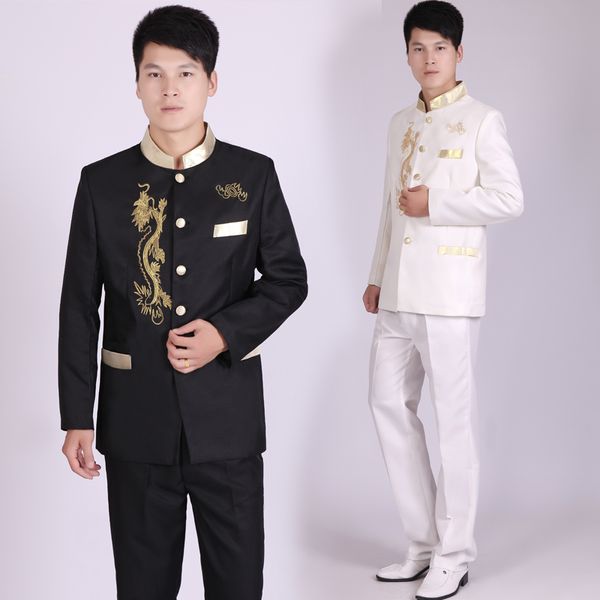 Trajes masculinos bordados de estilo chino, Blazers blancos y negros, traje de escenario para fiesta de graduación, traje de coro de cantante Formal, traje de novio de boda