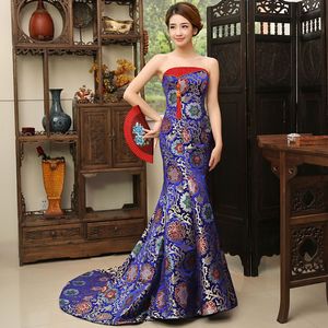 Vestido de novia de noche de estilo chino estilo largo para mujer Encantador Sexy Qipao azul y rojo cheongsam Traje oriental que se arrastra Vestido de fiesta moderno