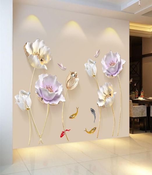 Fleur de style chinois 3d papier peint autocollants muraux salon chambre salle de bain décoration de maison décoration affiche élégante1427188