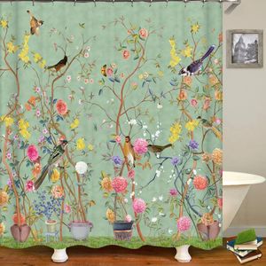 Fleur de style chinois et oiseaux rideaux de douche d'arbre Bath-rideau étanche décor de salle de bain imperméable avec crochets 3D Curtain de bain d'impression 240423