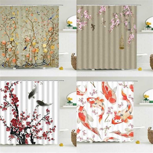 Cortinas de ducha de pájaros de flores de estilo chino Baño impermeable Tela impresa en 3D con ganchos Decoración 211119