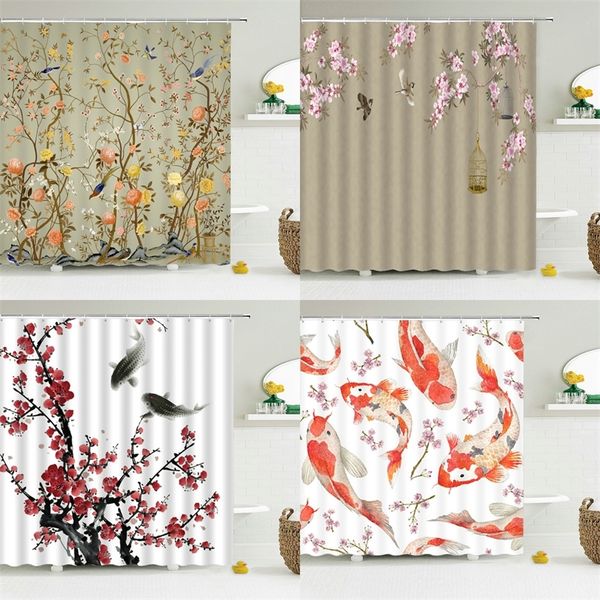 Estilo chinês flor pássaro cortinas de chuveiro à prova dwaterproof água cortina do banheiro 3d impresso tecido com ganchos decoração cortina de chuveiro 220517