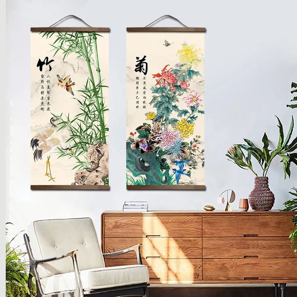 Estilo chino Flower Green Plant Plant Decoración Tienda de pintura de la sala de estar dormitorio Arte de la pared de la pared Pintura de desplazamiento de madera sólida 240507