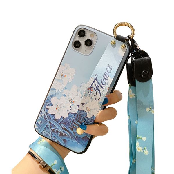 Étuis de téléphone portable de bracelet de fleur de style chinois en relief en silicone TPU étui souple support de téléphone lanière de cou couverture de protection arrière pour iPhone Apple 14 Pro Max plus 13 12 11