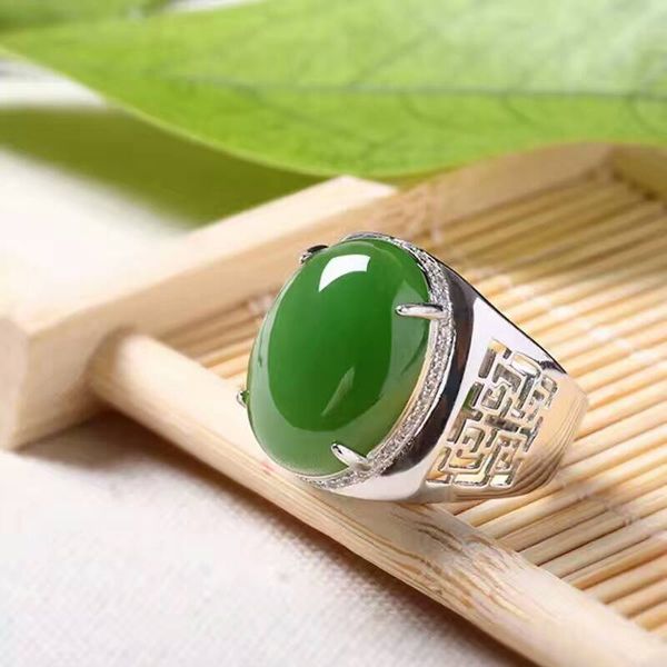 Anillo de hombre de jade VERDE de estilo chino, anillo de piedras preciosas de plata 925 vintage de jade natural de 12x16mm para hombre, lujoso anillo de Hombre de plata