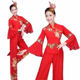 Chinese stijl, Hanfu, Yangko kleding s, vrouwelijke fan dance square dance kleding, Chinese volksdans voor vrouw F1zR #