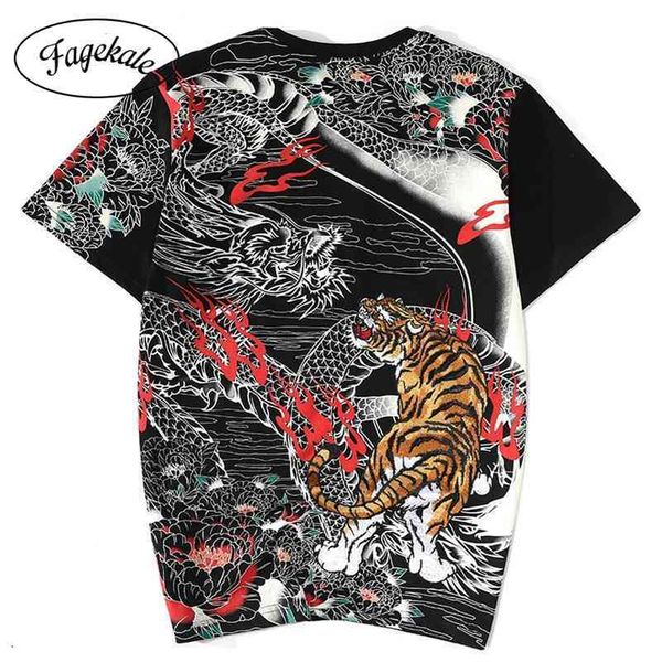 Style chinois industrie lourde broderie tigre dragon imprimé col rond coton T-shirt grande taille jeunesse T-shirt à manches courtes hommes '210324