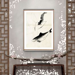 Encre de style chinois Affiches de crevettes bleues Impressions sur toile Toivas Art mural pour décoration de salon pour la chambre illustration esthétique-03