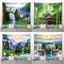 Chinese stijl landschap muur tapijt groen bamboe berg mountain lake achtergrond hangende decor deken voor slaapkamer woonkamer tuin J220804