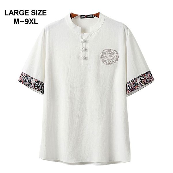 Estilo chino Tamaño grande M-9XL Verano de los hombres Casual suelto con cuello en V Blanco Camiseta de manga corta Hombre Camisetas Tops 5XL 6XL 7XL 8XL 9XL 210706