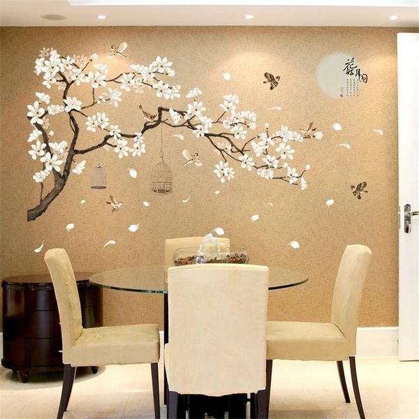 Autocollants muraux d'arbre de grande taille de Style chinois, papier peint de décoration de maison avec fleur d'oiseau, décoration de salon et de chambre à coucher, DIY bricolage, 220217