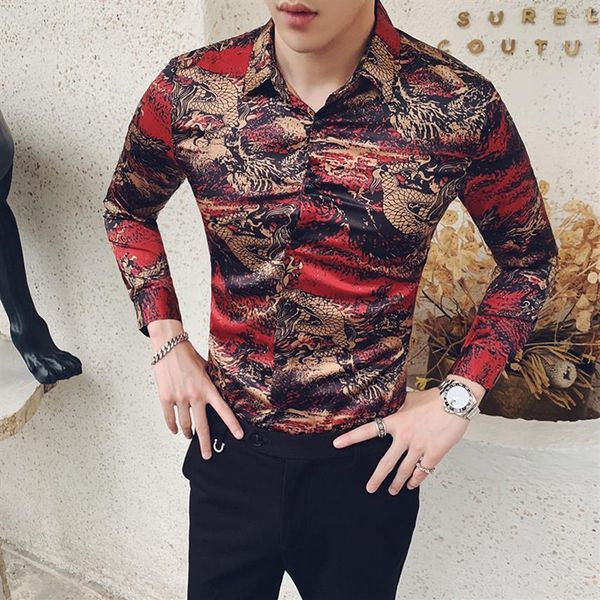 Style chinois hommes chemise élégant Dragon imprimé chemise hommes à manches longues Streetwear hommes chemises habillées coupe ajustée tout Match fête Tuxedo218Y