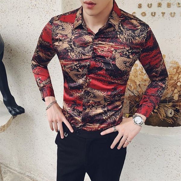 Style chinois hommes chemise élégant Dragon impression chemise hommes à manches longues Streetwear hommes chemises habillées coupe ajustée tout Match fête Tuxedo280w