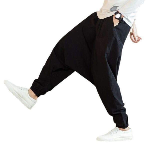 Pantalones holgados de estilo chino para hombre, pantalón de tiro caído, de algodón, cáñamo, Hip Hop, talla grande, informales, a la moda