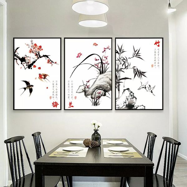 Peinture de style chinois fleurs toile art prune, orchidée, bambou et chrysanthemum affiche, décoration murale, décoration de chambre sans frame sans cadre