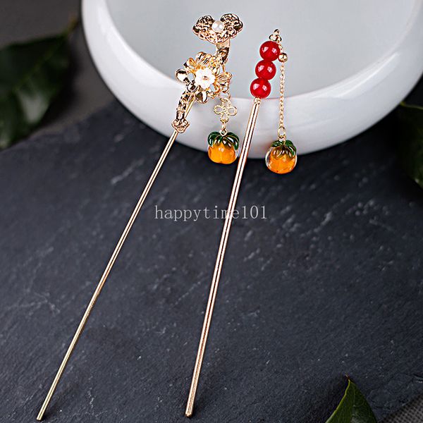 Estilo chino Persimmon Tassel Hair Stick for Women Metal Glaze Cabello Cabutero Partido Chopsticks Cabello Accesorios para el cabello