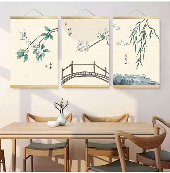 Plante de style chinois Paysage décoratif photo toile peinture affiche art mural avec bois suspendu pour le salon