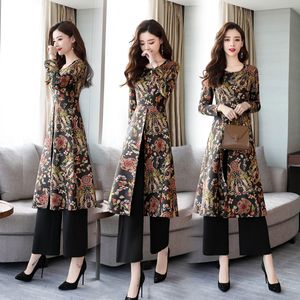 Style chinois imprimé deux pièces robe femmes nouveau automne tempérament rétro style national pantalon costume 201030