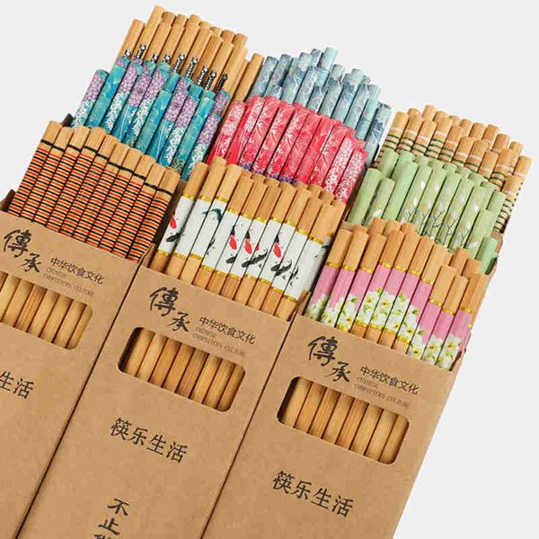 Baguettes en bambou carbonisé imprimé de style chinois, coffret cadeau publicitaire, 10 paires