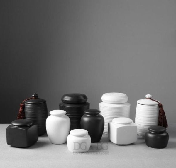 Produits de style chinois en céramique souvenir pour animaux de compagnie chien chat oiseaux urnes noir blanc urne funéraire récipient humain pour cendres crémation petit A5542075