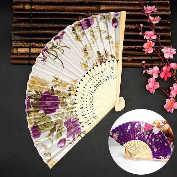 Productos de estilo chino Abanico de estilo chino Tela vintage Bambú plegable de mano Abanico de loto Danza Fiesta de bodas Chica Mujer Prop Ventilador de enfriamiento