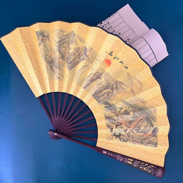 Productos de estilo chino Estilo chino Abanico tallado hueco plegable dan pintura tradicional china impresa Abanico para hombres Regalo de cumpleaños de alta calidad