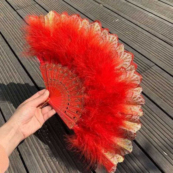 Produits de style chinois Éventail pliant en plumes Accessoires de costume Lolita Fée Fille Danse gothique foncée Éventail à main Art Artisanat Cadeau Décor de fête de mariage