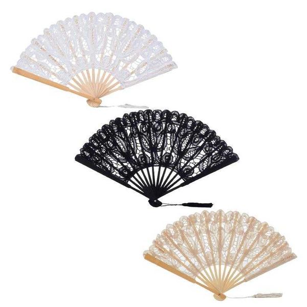 Produits de style chinois Éventail pliant en dentelle creuse Éventail pliant en dentelle noire et blanche Éventail de poche vintage Femmes Filles Art Artisanat Cadeau Décor Accessoires photographiques