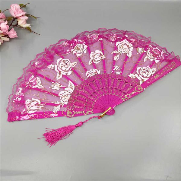 Produits de style chinois Éventail à main en dentelle pour femme - Éventail pliable en dentelle rose translucide - Wing Chun Dance - Éventail en dentelle espagnole - Cadeau de mariage - Décoration de maison