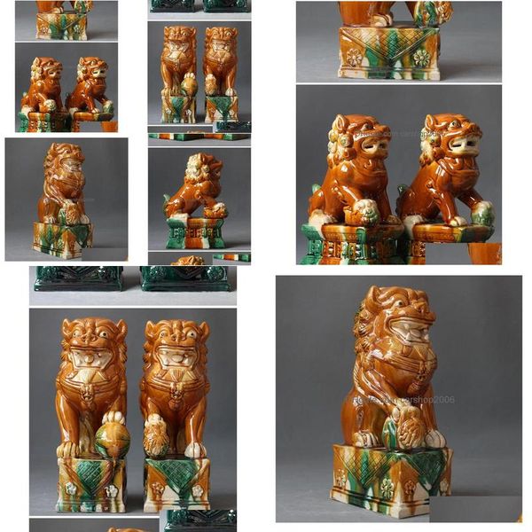 Productos de estilo chino Tamaño grande Tricolor Esmaltado Y de la dinastía Tang Foo Dog Fengshui Estatua Entrega de gota Home Garden Arts CR DHMCC