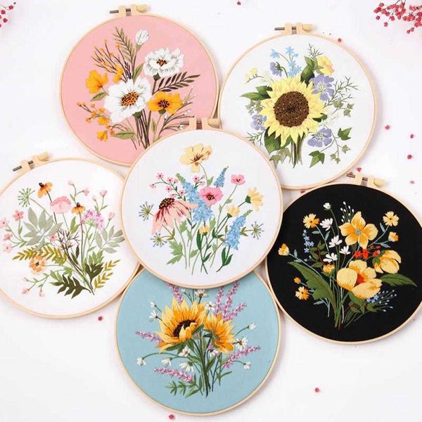 Produits de Style chinois, nouveau motif de fleurs bricolage broderie avec cerceau brodé, Kits de points de croix faits à la main pour les amateurs d'artisanat