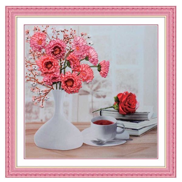 Productos de estilo chino, kits de bordado de cinta de flores de Margarita rosa con pintura de vedio, bordado artesanal, costura hecha a mano DIY plus
