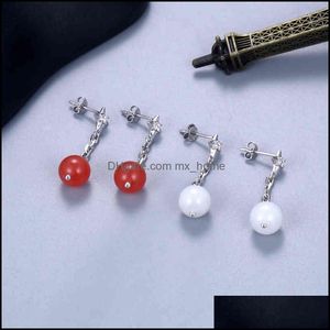 Productos de estilo chino S925 Sier Pendientes largos de cuentas redondas Mujeres South Red Jade Earline Diseño minoritario Accesorios versátiles Entrega directa